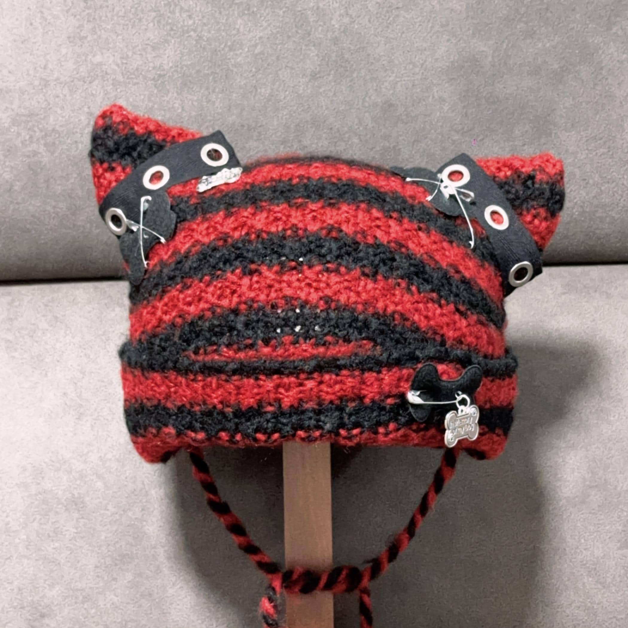 Cat Ear Beanie with Ear Flap Pompom Y2K Gothic Handmade Crochet Beanie for Women Cat Beanie, Crochet Cat Beanie, Black and White Beanie, Cat  main image 2