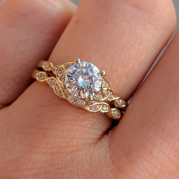 Celtic Wedding Ring Set - Matching Kiara Trinity Knot Engagement Ring & Diamond Wedding Band. 14k, 18k Gold or Platinum. Made in U.S.A