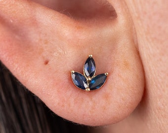 Sapphire Marquise Lotus Earring • Three Stone Cluster Earring • Fine Jewelry for Everyday • Custom Gifts for Her