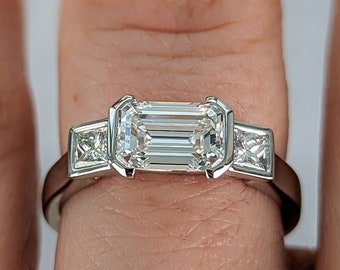 Emerald and Princess Cut Carat Diamond Three Stone Engagement Ring:  Elizabeth • Bezel set with Trellis • Fully Customizable • Made in USA