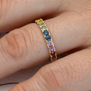 Pastel Rainbow Sapphire in U-cut Pave Setting Multicolor Gemstone Ring Wedding and Anniversary Fully Customizable Made in USA image 1