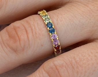 Pastel Rainbow Sapphire in U-cut Pave Setting - Multicolor Gemstone Ring - Wedding and Anniversary - Fully Customizable • Made in USA