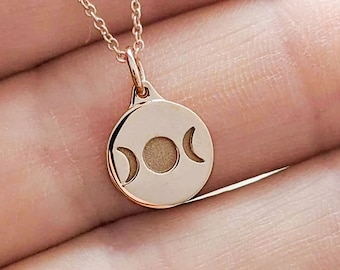 Triple Goddess Necklace - Solid Gold Triple Moon Charm. Witchy Jewelry, Gift. 14k, 18k Yellow, Rose, White Gold, Platinum