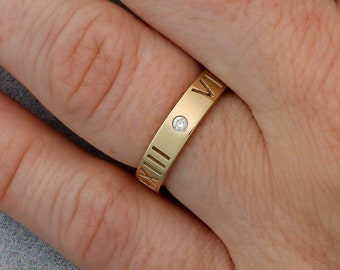 Cutout Roman Numeral Ring by Sevgi Jewelry • Personalized Wedding and Anniversary Ring • 4.25mm, 6mm, 8mm • Diamond Date Text Ring