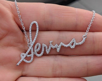 Custom Handwriting Diamond Necklace - Personalized Jewelry. 14k, 18k Yellow, Rose, White Gold & Platinum