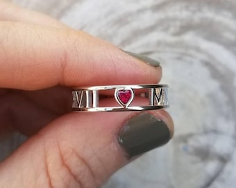 Heart Gemstone Roman Numeral Ring - 14k, 18k Gold & Platinum. Wedding and Anniversaries. Ruby, Emerald, Sapphire Heart