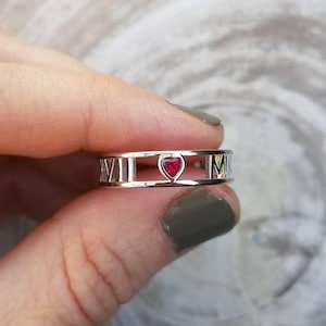 Heart Gemstone Roman Numeral Ring - 14k, 18k Gold & Platinum. Wedding and Anniversaries. Ruby, Emerald, Sapphire Heart