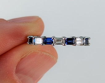 Diamond and Sapphire Baguette Eternity Ring. Hana - East west Custom Wedding or Anniversary Ring. Available in Platinum and Solid Gold.