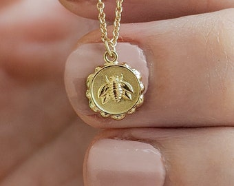 Tiny Bee Medallion Necklace - 14k, 18k Yellow, Rose, White Gold or Platinum. Spiritual, Symbolic Talisman Jewelry