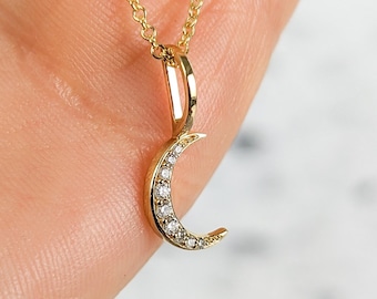 Tiny Diamond Crescent Moon Charm Necklace • Mother's Day Gift • Available in 14k, 18k Solid Gold and Platinum • Custom Fine Jewelry