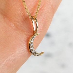 Tiny Diamond Crescent Moon Charm Necklace • Mother&#39;s Day Gift • Available in 14k, 18k Solid Gold and Platinum • Custom Fine Jewelry