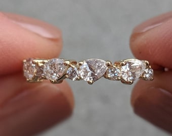 Pear Shaped Diamond Anniversary Ring: Damaris - Alternating Pear & Round Diamonds. 14k, 18k Gold or Platinum