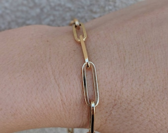 14k Gold Flat Paperclip Chain Bracelet - 7" Bracelet Length: 14k Yellow, Rose, White Gold. Layering, Rectangular Long Link