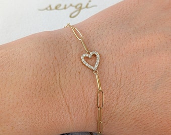 Diamond Heart Paperclip Chain Bracelet • Mother's Day Gift • Fine Jewelry Custom Made in NYC  • Available in 14k 18k Solid Gold