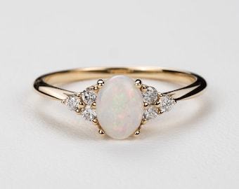 Opal and Diamond Engagement Ring - 14k, 18k Yellow, Rose, White Gold or Platinum. Vintage Style Wedding Jewelry