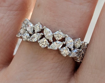 Two Row Tilted Marquise Round Diamond Anniversary Ring: Amana. Half or Full Eternity. 14k, 18k and Platinum. Made in USA