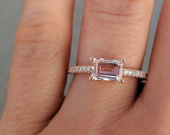 East west Emerald cut Morganite Diamond Solitaire Engagement Ring