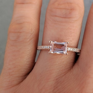 East west Emerald cut Morganite Diamond Solitaire Engagement Ring