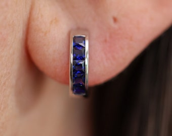 Sapphire Princess Cut Hoop Earrings • Channel set Sapphire Huggies by Sevgi Jewelry • Women's Fine Jewelry • Custom Gifts for Her