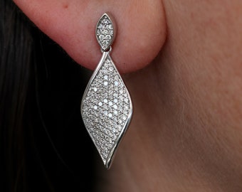 Pave Diamond Leaf Earring • Diamond Earring Drop by Sevgi Jewelry • Nature Inspired Fine Jewelry • Custom Gifts for Her