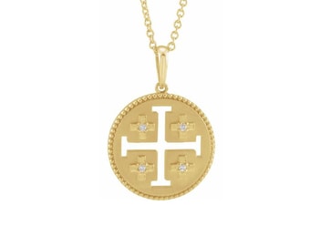 Jerusalem Cross Necklace - Solid Gold Diamond Cross Pendant. 14k, 18k Yellow, Rose, White Gold, Platinum. Christian Gifts