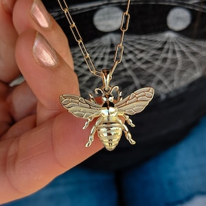 Diamond Bee Necklace Solid Gold Bee Pendant. 14k, 18k Yellow, Rose, White Gold and Platinum. Diamond or Gemstone Eyes image 1