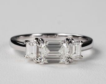 3 Stone Emerald Cut Diamond Engagement Ring - Thea: 2 CTW VS Diamonds. Trapezoid Side Stones. East West Double Claw Prong