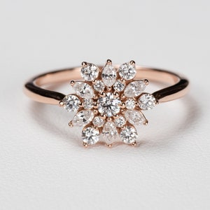 Antique Inspired Floral Diamond Cluster Ring 14k Rose, Yellow, White Gold or Platinum. Wedding Jewelry image 1