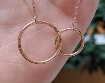 Solid Gold Double Link Necklace - 14k, 18k Yellow, Rose, White Gold & Platinum. Linked Circles, Generations, Family Pendant