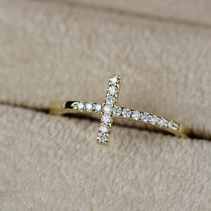 Diamond Sideways Cross Ring - 14k, 18k Rose, Yellow, White Gold or Platinum. Spiritual Fine Jewelry