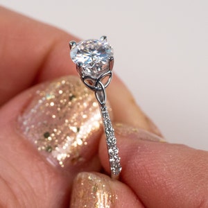 Celtic Engagement Ring - The Alyn II: Triquetra Cathedral Setting with Diamond Pave Band. 14k, 18k Yellow, Rose, White Gold or Platinum