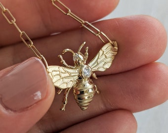 Floating Diamond Bee Necklace - Solid Gold Bee Pendant. 14k, 18k Yellow, Rose, White Gold and Platinum.