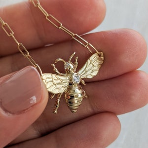 Floating Diamond Bee Necklace Solid Gold Bee Pendant. 14k, 18k Yellow, Rose, White Gold and Platinum. image 1