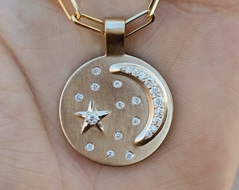 Diamond Moon Sun Stars Medallion Pendant: Aylin - Celestial inspired Jewelry. Available in Solid Gold and Platinum. Fully Customizable