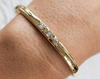 3 stone Diamond Cuff Bracelet - Mixed Cut Diamond Bangle. 14k, 18k Yellow, Rose, White Gold or Platinum. Complimentary Engraving