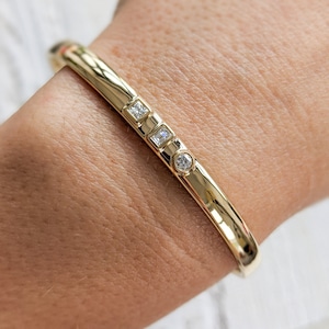 3 stone Diamond Cuff Bracelet - Mixed Cut Diamond Bangle. 14k, 18k Yellow, Rose, White Gold or Platinum. Complimentary Engraving