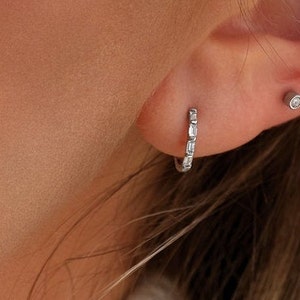 Tiny Baguette Hoops - Diamond, Sapphire or Ruby. 8mm Huggies. 14k, 18k Yellow, Rose, White Gold or Platinum. Made to Order in NYC
