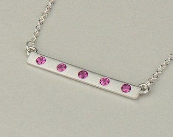 14k, 18k Solid White Gold Bar Necklace with Pink Sapphire