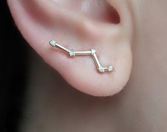Diamond Constellation Ear Climber Earrings - 14k, 18k Gold, Platinum. Stars & Celestial Jewelry. Customization Available