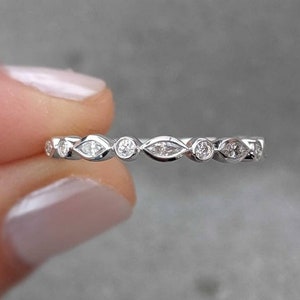 Marquise Round Bezel Set Diamond Wedding Ring- Emira: 1/4 CTW HALF Eternity Band. 14k, 18k Gold or Platinum