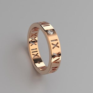 Cutout Roman Numeral Womens Wedding Band Personalized Jewelry. VS1 Diamonds. Custom Text in 14k, 18k Gold, Platinum image 2