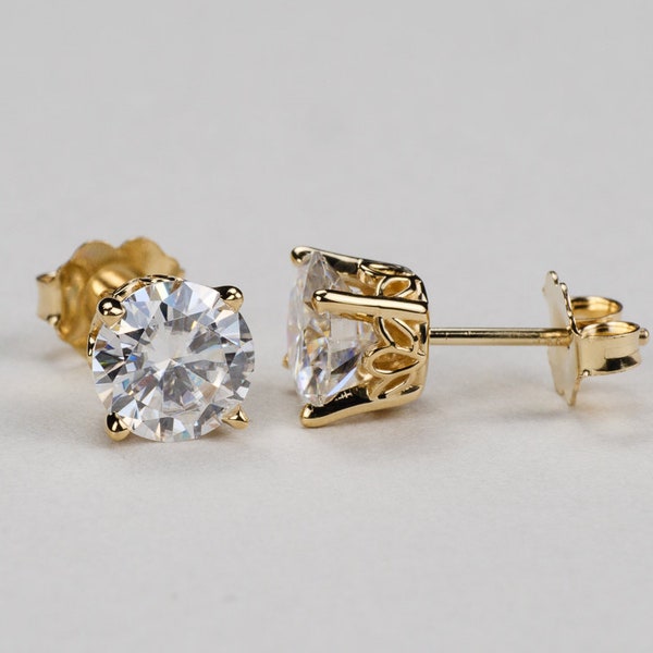 Floral Scroll Moissanite Stud Earrings - 4-Prong Basket Setting. 14k, 18k Gold, Platinum. Charles & Colvard