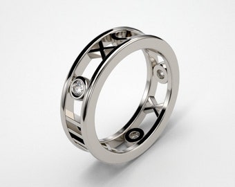 Personalized 3 stone Diamond Roman Numeral Ring - Solid Gold & Platinum. Fully Customizable. Weddings, Anniversaries