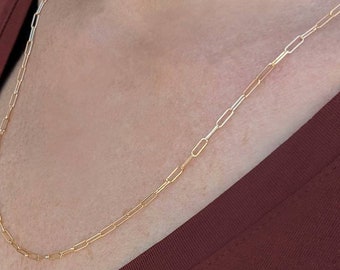 14k and 18k Gold Flat Paperclip Chain - Extra Small: 14k Yellow, Rose, White Gold. Layering, Rectangular Long Link Chains