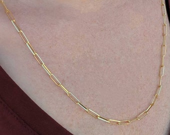 14k and 18k Gold Rectangular Paper clip Chain - Small: 14k Yellow, Rose, White Gold. Layering, Rectangular Long Link Chains