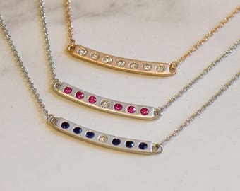 Curved bar necklace with diamond and gemstones - Available in 14k, 18k and Platinum