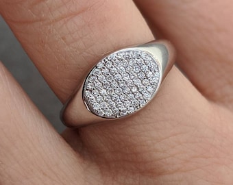 Anillo con sello de pavé de diamantes: oro amarillo, rosa, blanco o platino de 14 k o 18 k