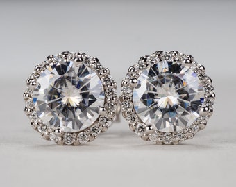Moissanite and Diamond Halo Stud Earrings - 14k, 18k Yellow, Rose, White Gold, Platinum. Charles & Colvard Moissanite