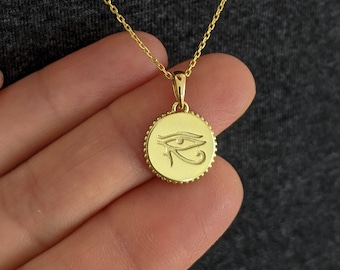 Colgante Ojo de Horus con borde de cuentas de Sevgi Jewelry. Colgante amuleto de protección. Oro de 14k, 18k o platino. Ideas de regalos espirituales personalizados.