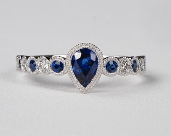 Pear Shaped Engagement Ring with Sapphire, Diamonds: Sibyl, Pear - Vintage Style Milgrain Bezel. 14k, 18k Gold, Platinum